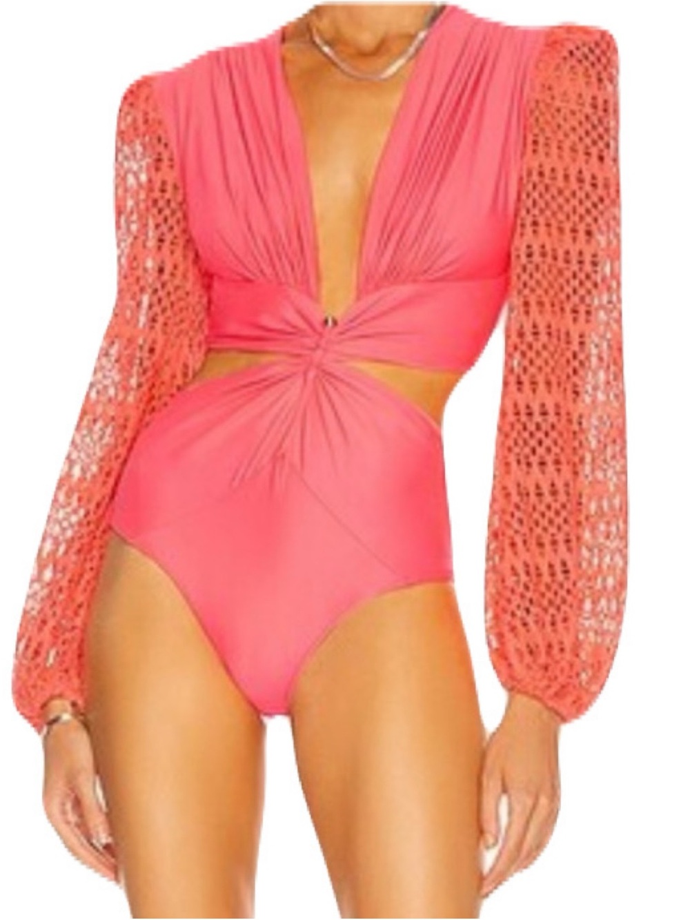 PatBO Medium Neon Coral Pink Crochet-Sleeve One-Piece Cut Out Swimsuit Luxe Swim